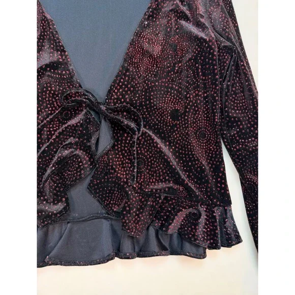 Vintage R&K Evening Velvet Glitter Tie Front Ruffle Emo Cardigan Top Red Gothic - Picture 4 of 5